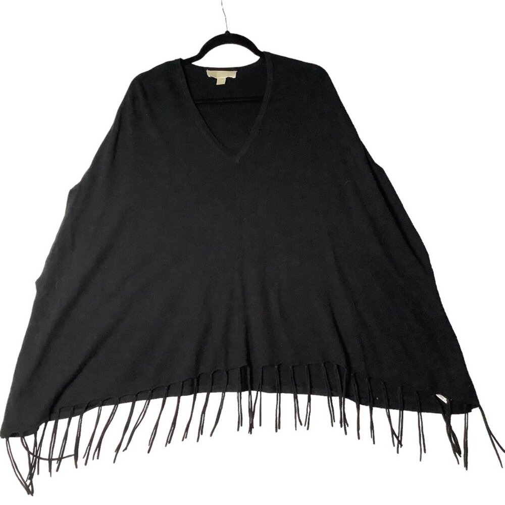 Michael Michael Kors Black Knit Poncho Sweater Boho Fringe Hem Women S/M‎ Staple